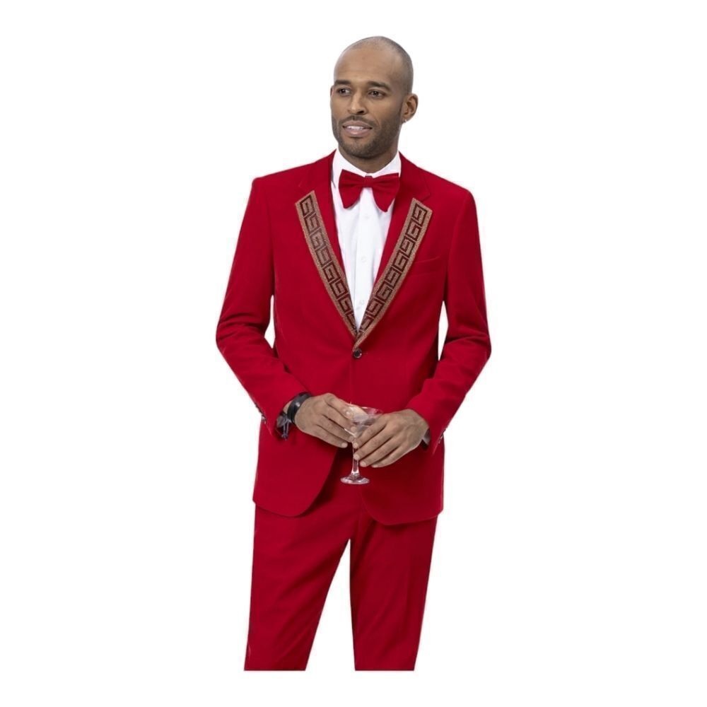 MEN'S RED 2 PIECE VELVET FASHION SUIT WITH SEQUINE DESIGN LAPEL. JP 110.